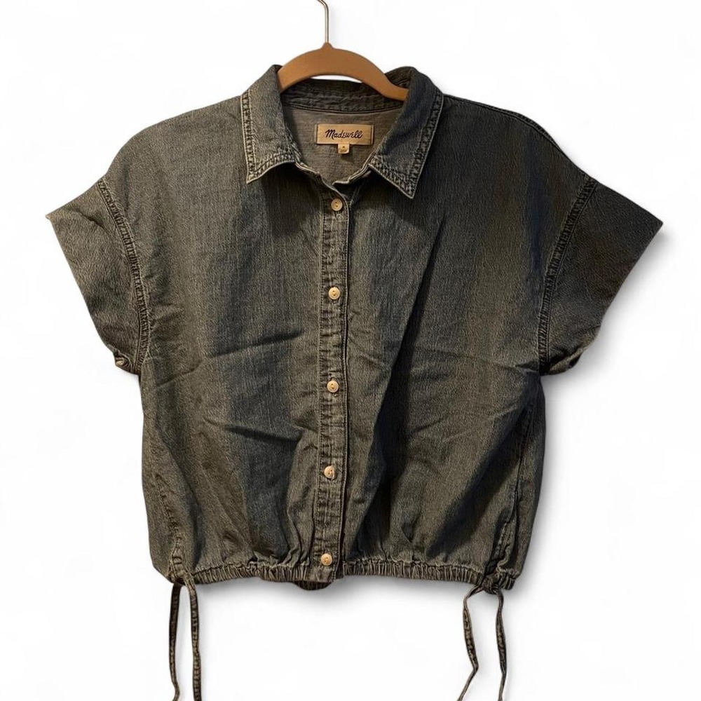 Madewell blue denim crop top with tie waist, size M
